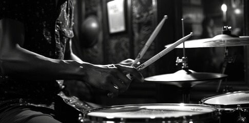 Close-up shot with musician playing the drum kit