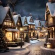 Winter village at night with snow and moonlight. 3d rendering