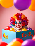 Fototapeta Tulipany - Clown Popping Out of Box on April Fool's Day