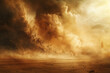 A nuclear explosion in a desert, the blast kicking up a massive cloud of dust and sand.