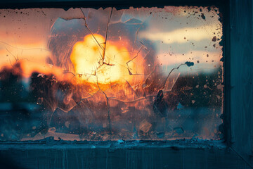 Wall Mural - An abstract image of a nuclear explosion, the mushroom cloud seen through a broken window.