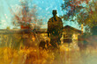 An abstract image of a soldier standing in their backyard, their home visible in the background.