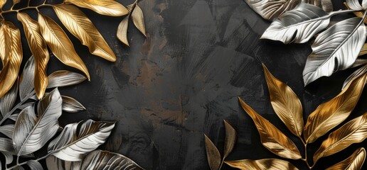 Wall Mural - Gold and silver leaves contrast beautifully against a black backdrop, creating a striking visual display