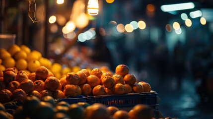 Wall Mural - In the subtle glow of dark blue and light amber, capturing the essence of market scenes through photography