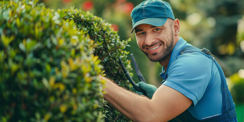 Photo of an attractive male gardener with a smile on his face, standing next to a bush and trimming it with scissors in a topiary shape with copy space on the left.