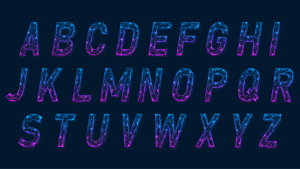 Futuristic digital capital letters of the alphabet. Polygonal design of interconnected lines and dots.