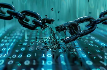 A broken chain breaking in half, symbolizing the break with digital security The background is blue and white binary code representing data and technology Generative AI