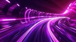 Concept de technologie futuriste, route à grande vitesse, fond sombre, traînées lumineuses violettes et roses, mouvement rapide, autoroute de l'information, image avec espace pour texte.