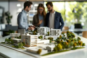 real estate developers reviewing scale model of modern business park project in office. concept real