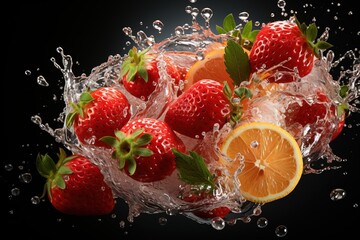 Wall Mural - Strawberries and orange with water splash on a black background.