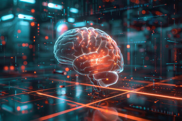 Wall Mural - Close up of 3D brain hologram suspended in mid-air on digital interface background, neurology and artificial intelligence concept.