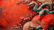 Chinese dragon with cherry blossoms and red fans on a red background