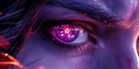 Wall Mural - Woman's purple eye in the dark. Fire. Piercing eyes. Burning demonic eyes. Fiery Mysterious. Magic, secrecy, mysticism, visual effect. Hypnosis, power of sight. Look. Close up. Game art. Man