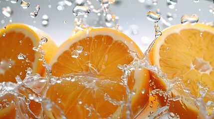Wall Mural - Citrus background with a group of oranges in pure splash of water drops as a symbol of healthy eating and boosting the immune system with natural vitamins. close up