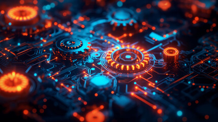 A computer chip with many small orange and blue circles