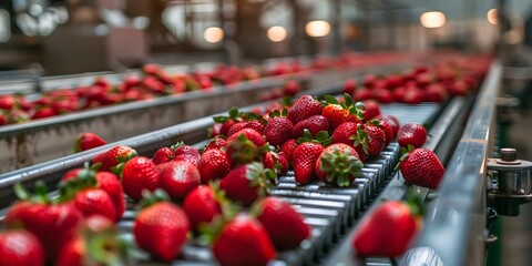 Wall Mural - Strawberries moving on conveyor belt in contemporary factory warehouse illustrating production industry logistics. Concept Strawberry Production, Factory Logistics, Conveyor Belt Movement