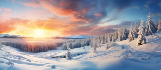 Wall Mural - The sky is painted with hues of orange and pink as the sun sets over the snowy landscape, creating a picturesque winter scene with trees covered in snow