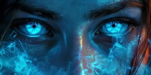 Woman's Blue Eyes In The Dark. Fire. Piercing Eyes. Burning Demonic Eyes. Fiery Mysterious. Magic, Secrecy, Mysticism, Visual Effect. Hypnosis, Power Of Sight. Look. Close Up. Game Art. Man