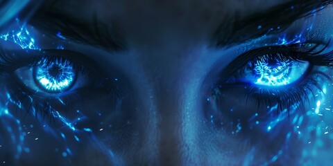 Wall Mural - Woman's blue eyes in the dark. Fire. Piercing eyes. Burning demonic eyes. Fiery Mysterious. Magic, secrecy, mysticism, visual effect. Hypnosis, power of sight. Look. Close up. Game art. Man