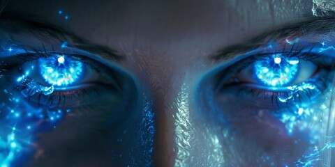 Wall Mural - Woman's blue eyes in the dark. Fire. Piercing eyes. Burning demonic eyes. Fiery Mysterious. Magic, secrecy, mysticism, visual effect. Hypnosis, power of sight. Look. Close up. Game art. Man