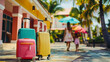Colorful suitcases lined up outside tropical resort with blurred family walking in background