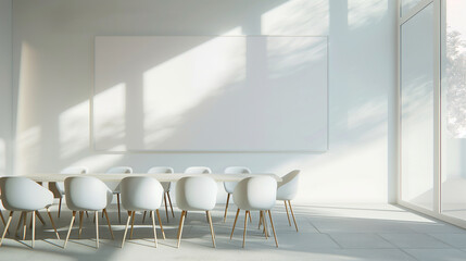 A bright and airy conference room where a digital projector displays benchmarking analysis results on a white wall, empty chairs suggesting an impending meeting, the whole scene wa