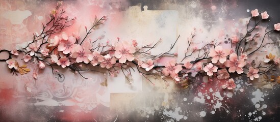 Canvas Print - An art piece featuring a cherry blossom tree branch with pink flowers and magenta petals. The delicate beauty of the plant is captured in this landscape