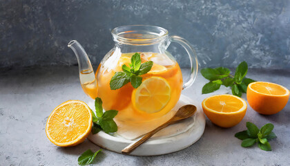 Wall Mural - Orange lemonade with mint in a glass teapot on a concrete background, copy space for your text