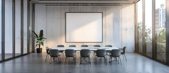 Poster - In a contemporary conference room, there is a clear wall with an empty white poster hung on it for display.