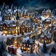 Christmas and New Year background. Winter village at night. Christmas trees and houses.