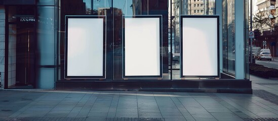 White empty posters displayed in a glass showcase on the street as a mock-up.