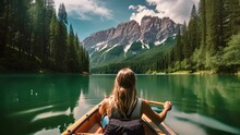 A woman peacefully sits in a boat, enjoying the calmness of a serene lake, Beautiful woman kayaking on a stunning mountain lake surrounded by green trees, AI Generated