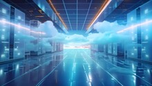 3D Rendering Of Futuristic Server Room With Servers And Blue Sky Background, Big Data Center Technology Warehouse With Servers For Information Digitalization Starts, AI Generated