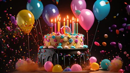 Sticker - Birthday cake with burning candles and balloons on black background, closeup, Birthday cake adorned with candles, gifts, and colorful balloons on a black background, AI Generated