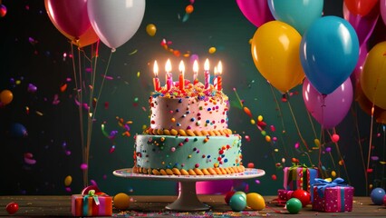 Canvas Print - Birthday cake with burning candles and colorful balloons on a wooden table, Birthday cake featuring colorful balloons, gifts, and confetti on the table, AI Generated