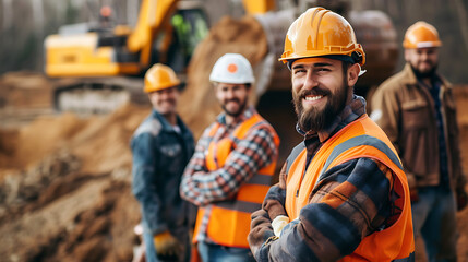 Portrait of a group of builders in hardhats on construction site