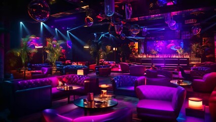 Wall Mural - Interior of a night club with bright lighting. 3D rendering, Colorful interior of a vibrant and lively night club featuring dark seats and glowing lights, AI Generated