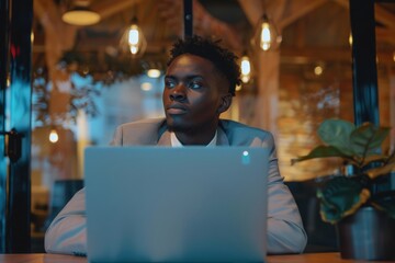 Wall Mural - A focused man using a laptop at a cozy cafe during the evening