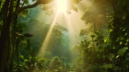 Canvas Print - The radiant sun shines through the verdant jungle, casting vibrant rays of light through the trees, Dense jungle landscape with dark green trees and sunbeams filtering through, AI Generated