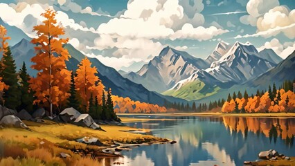 Sticker - Beautiful mountain landscape with lake, forest and mountains. Digital painting, Digital painting capturing an autumn landscape with a lake and mountains in the background, AI Generated