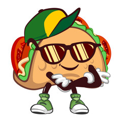 Wall Mural - cute taco mascot character emoticon with a funny face in hip-hop style wearing a hat and sunglasses, cute taco mascot