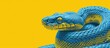 A digitally altered blue snake against a vibrant yellow background