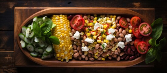 Canvas Print - A wooden bowl filled with an assortment of fresh vegetables, including leafy greens, resting on a rustic wooden table. The variety of ingredients is perfect for creating a healthy and delicious dish