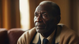 Fototapeta  - Portrait of confident black elderly grandfather. Senior ethnic man with grey afro hair at home
