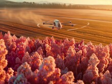 A Small White Drone Is Flying Over A Field Of Flowers. The Drone Is Hovering Over A Field Of Pink Flowers, Which Are Scattered Throughout The Area. The Scene Is Peaceful And Serene