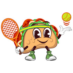 Wall Mural - cute taco mascot character emoticon with a funny face playing tennis with a ball and also a racket, cute taco mascot