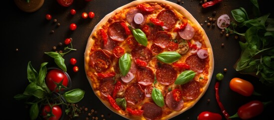 Wall Mural - A delicious pizza topped with fresh vegetables and aromatic spices sits on a table, ready to be enjoyed. The perfect combination of food, ingredients, and cuisine