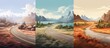 A stunning collage featuring three paintings of a road winding through a mountainous area, with lush plants, towering trees, and a serene sky
