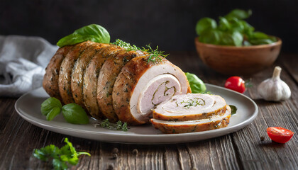 Wall Mural - Turkey roulade with herbs on wooden table. Tasty dish. Delicious food.