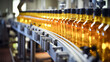 Sunflower oil in the bottle moving on conveyor belt-type line. Sunflower oil production factory.
